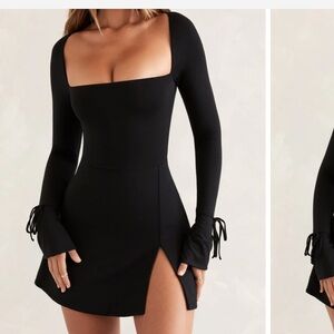 Oh Polly, Baize Square Neck Long Sleeve Mini Dress in Black